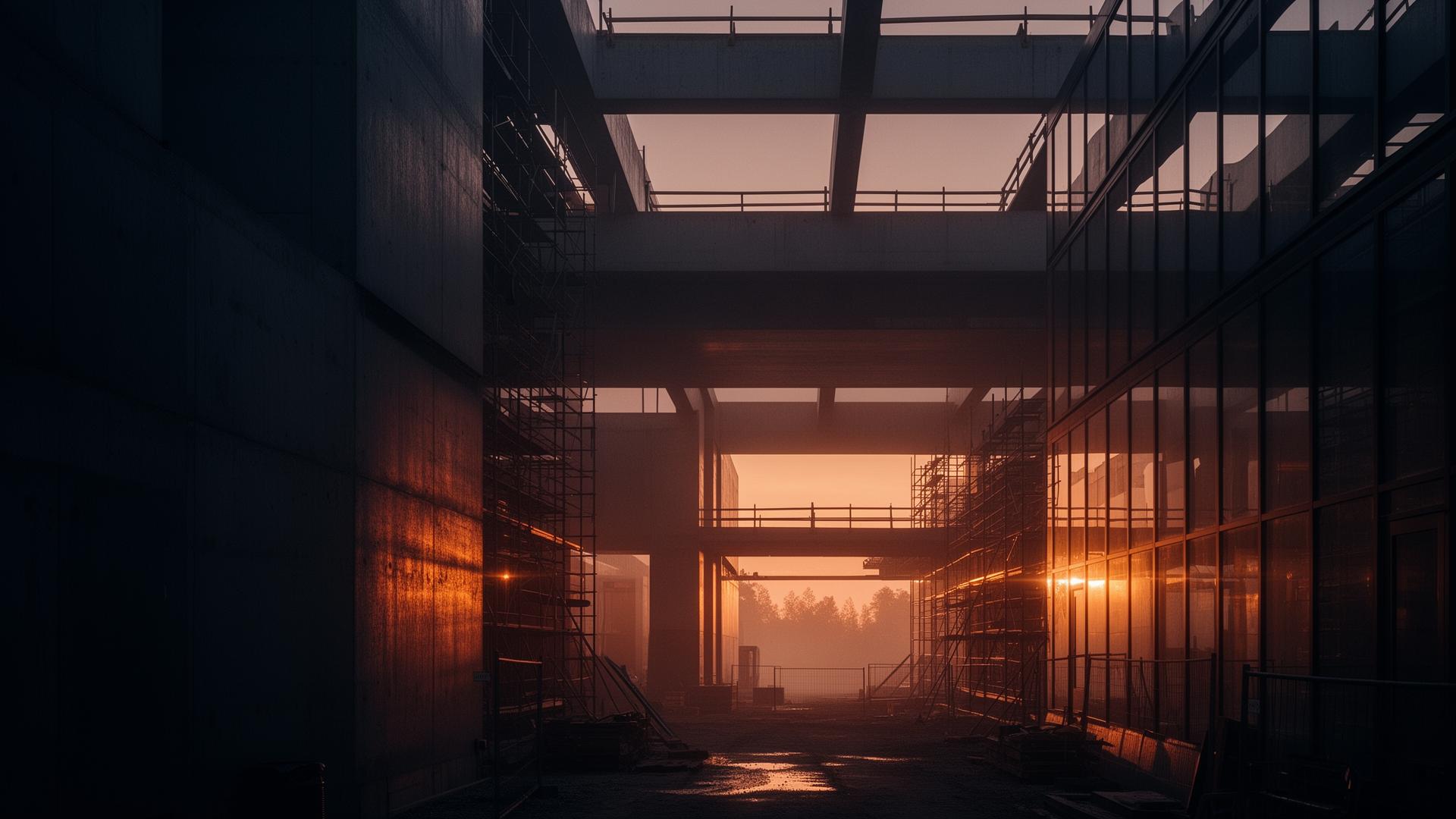 Modern byggarbetsplats i skymning